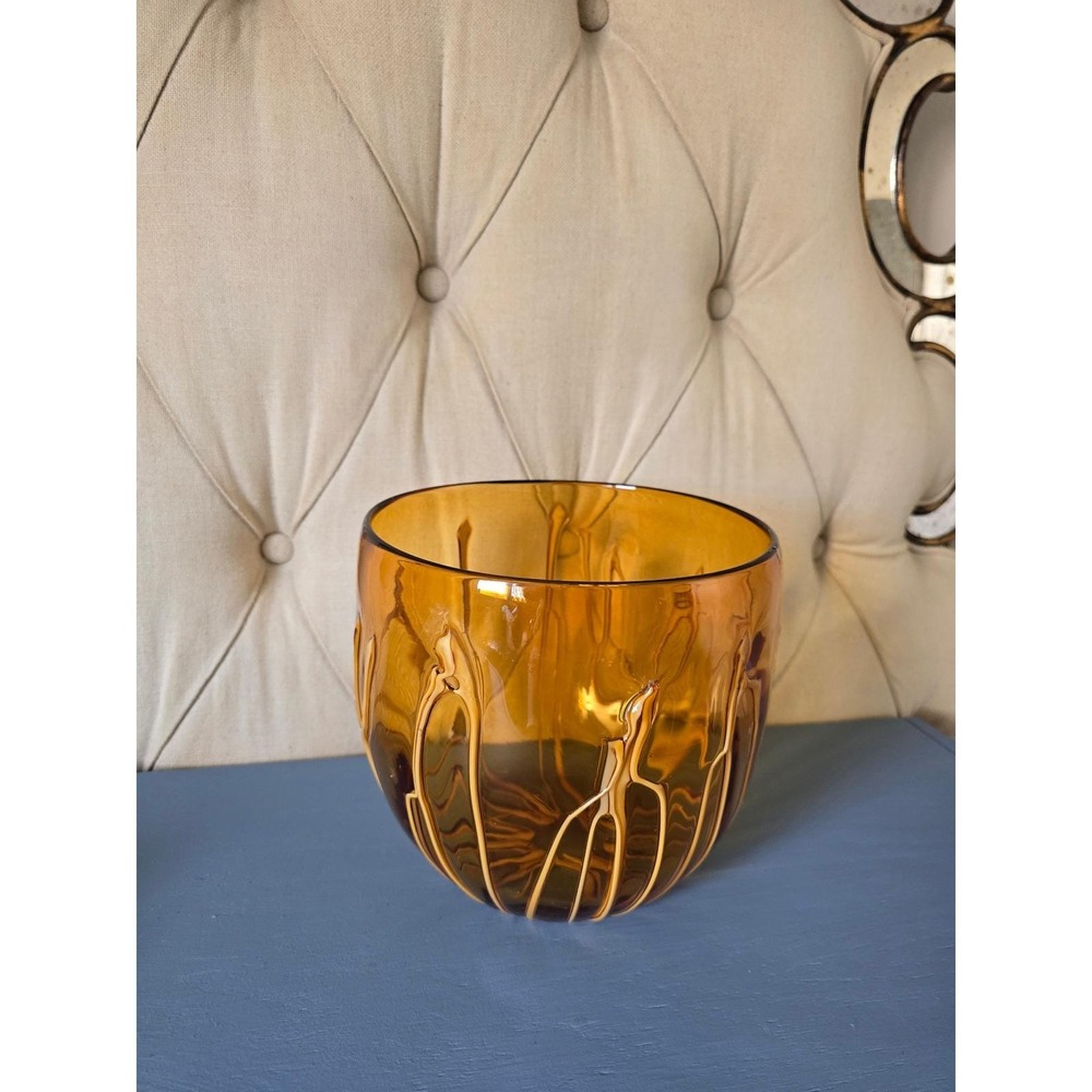 Vintage Amber Art Glass Bowl Hand Blown Drip Design Mid Century Centerpiece